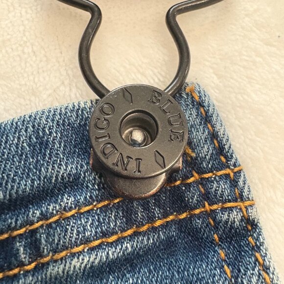 Indigo Blue Womens Distressed Navy Denim Overalls Size L Stretchy Side Panels - Picture 10 of 13